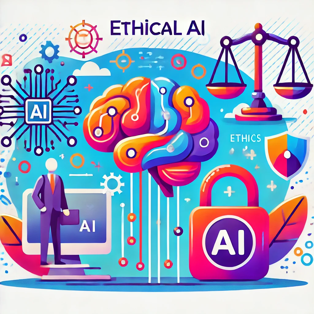 A colorful graphic representation including icons representing privacy, security, and ethics in AI