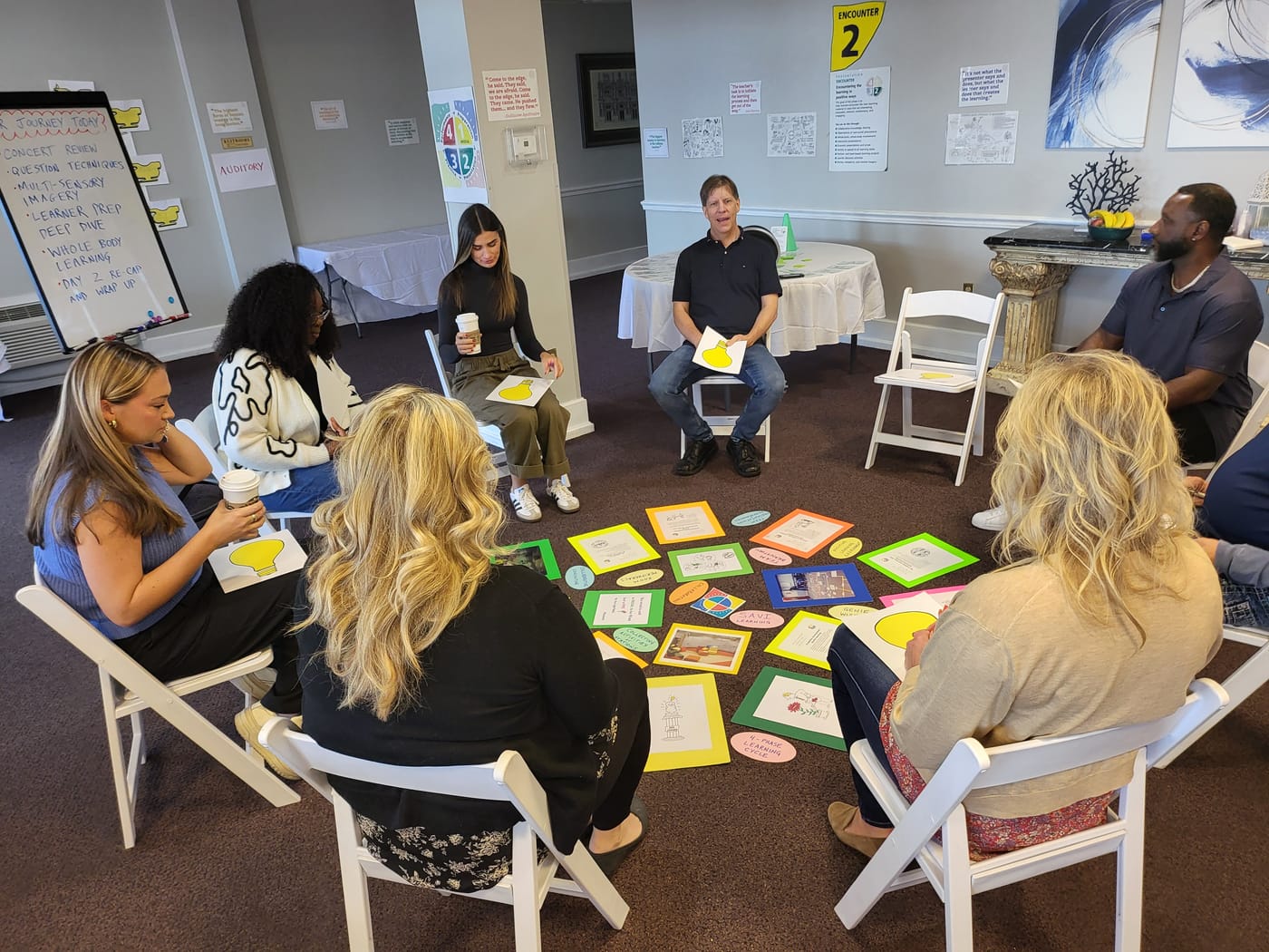 Participants in a circle of chairs discussing cards spread on the floor
