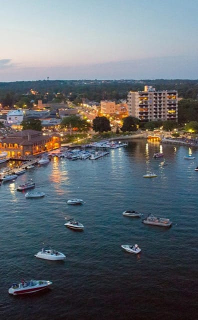 Downtown Lake Geneva and the marina at dusk