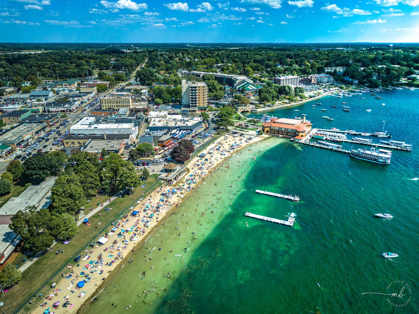 Aerial view of the Lake Geneva public beach and shoreline in summer
