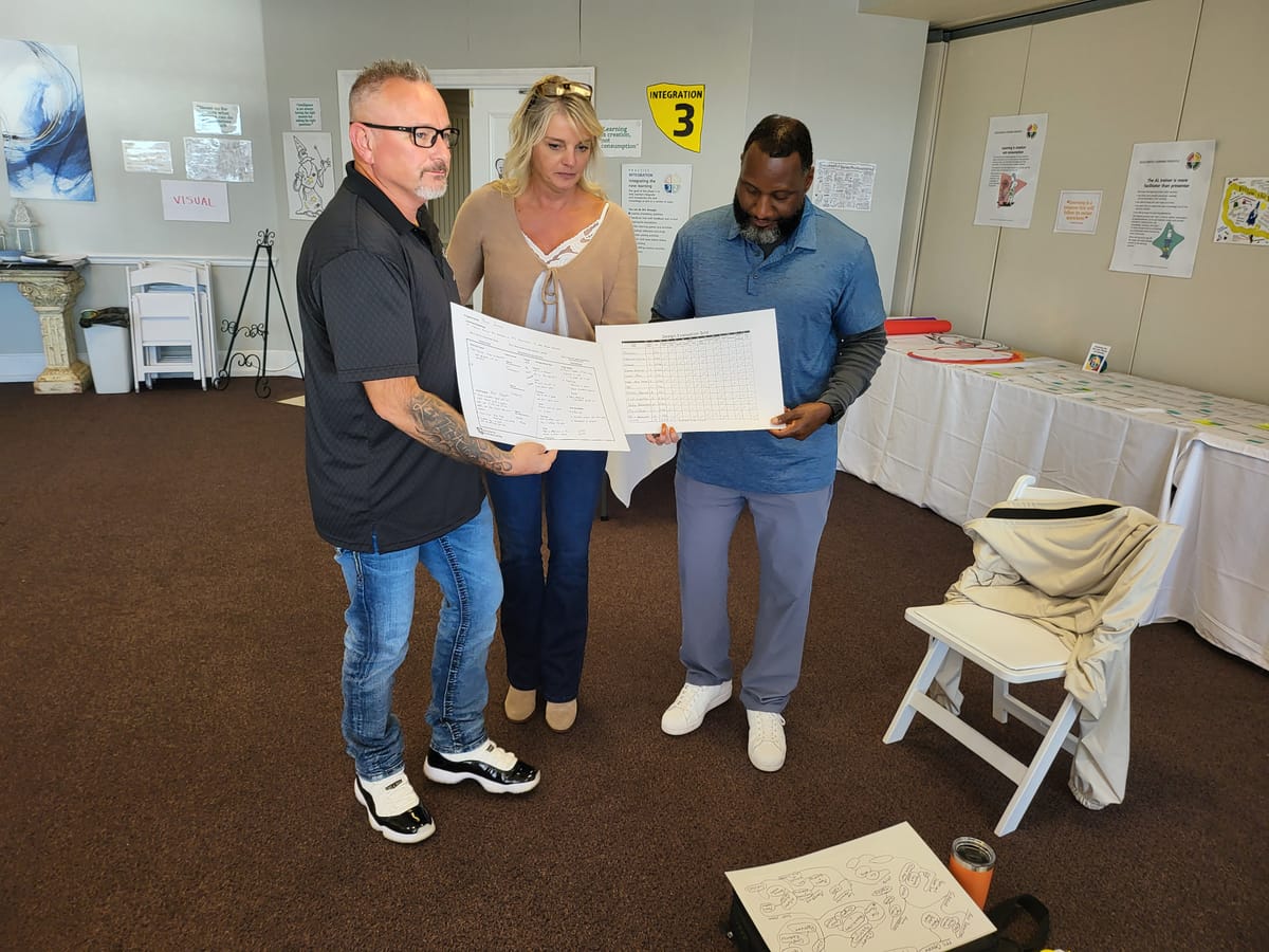 Three participants reviewing a project poster together