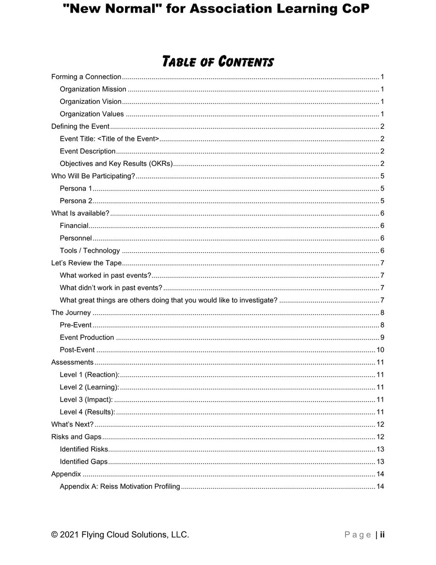 The generated game plan guide's table of contents, spanning connection, event definition, participants, assets, the journey, assessments, and risks